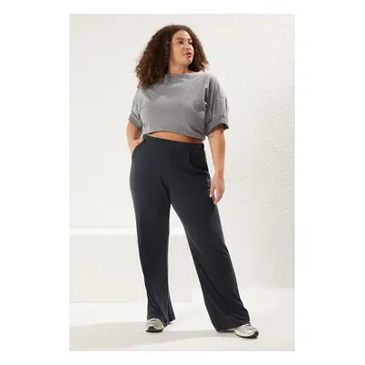 Trendyol Curve Anthracite Wide Leg Pleated Modal Flowy Knit Plus Size Trousers