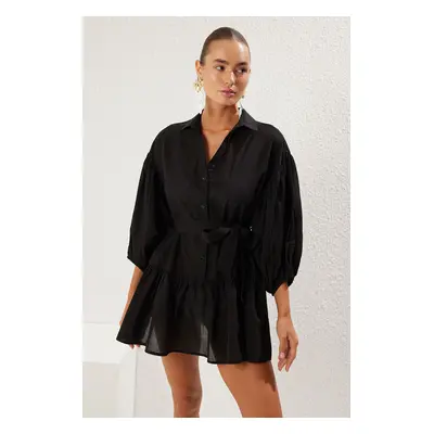 Trendyol Black Mini Woven 100% Cotton Balloon Sleeve Beach Dress