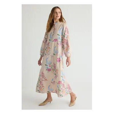 Trendyol Pink Unlined Floral Woven Linen Look Hijab Dress