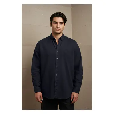 Trendyol Navy Blue Regular Fit Linen Look Plus Size Shirt