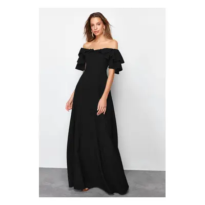 Trendyol Black A-Cut Flounce Woven Long Evening Dress