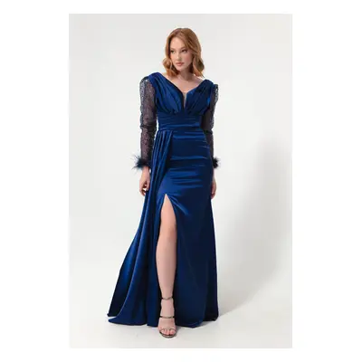 Lafaba Women's Navy Blue V Neck Sleeves Stoned Slit Long Evening Dress