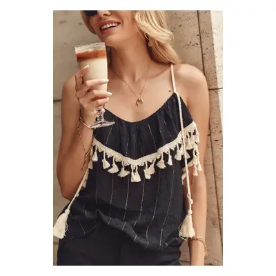 Black boho blouse with tassels on hangers