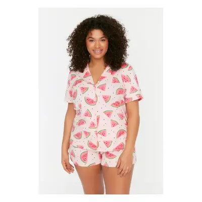 Trendyol Curve Powder Watermelon Patterned Shirt Collar Knitted Pajama Set