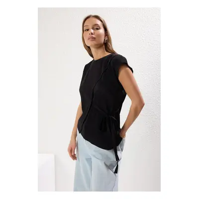 Trendyol Black Pleated and Tied Detail Relaxed Pattern Knitted Blouse