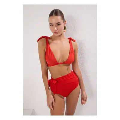 Trendyol Red Plain Bralette Knotted Bikini Top