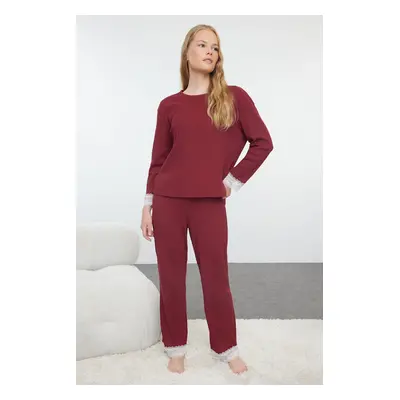 Trendyol Burgundy Ribbon/Bow and Lace Ribbed Knitted Pajama Set