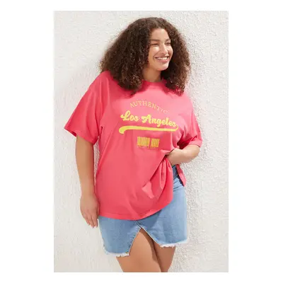 Trendyol Curve Pink Wide Cut Crew Neck Printed 100% Cotton Knitted T-shirt