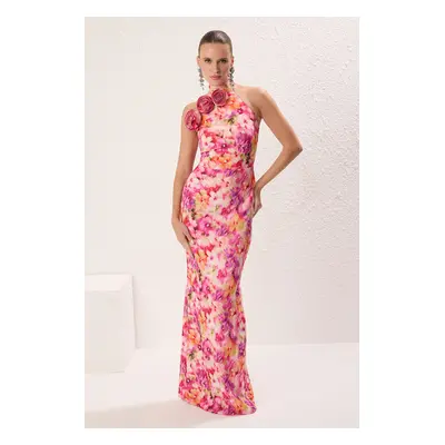 Trendyol Multicolored Floral Plain Cut Rose Detail Woven Finike Maxi Evening Dress & Graduation 