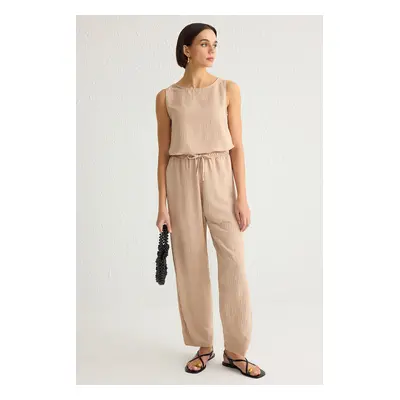 Trendyol Beige Sleeveless Blouse and Elastic Waist Wide Leg Trousers Woven Bottom-Top Set