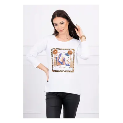 Blouse with 3D graphics and decorative pom pom white