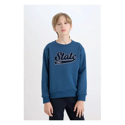 DEFACTO Boy Navy Blue Crew Neck Embroidered Thick Sweatshirt