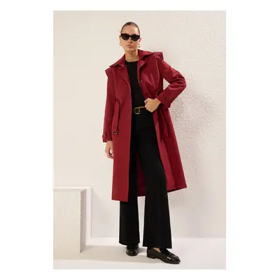 Trendyol Burgundy Belted Stitching Detail Regular Long Trench Coat