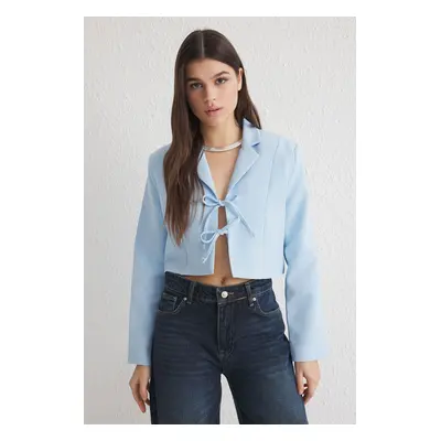 Trendyol Light Blue Tie Detail Lined Crop Blazer Jacket