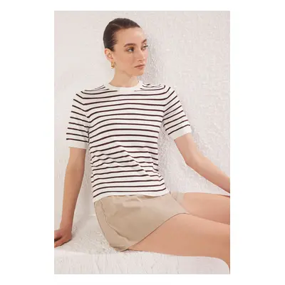 Trendyol Bone Striped Basic Thin Viscose Blend Knit Blouse