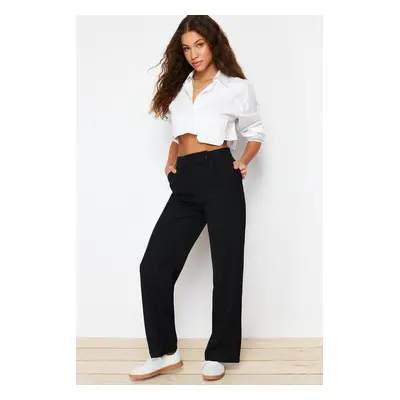 Trendyol Black Wide Leg/Wide Leg Woven Belt Detail Pleated Trousers