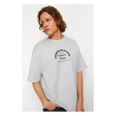 Trendyol Gray Oversize / Wide Cut Text Printed Thick T-Shirt