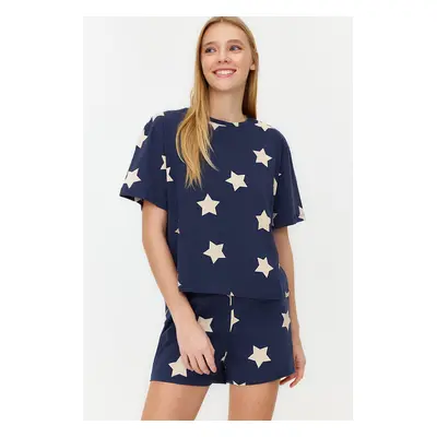 Trendyol Navy Blue 100% Cotton Star Patterned T-shirt-Shorts Knitted Pajama Set