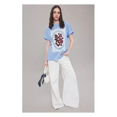 Trendyol Light Blue 100% Cotton Oversize/Wide Pattern Printed Knitted T-Shirt