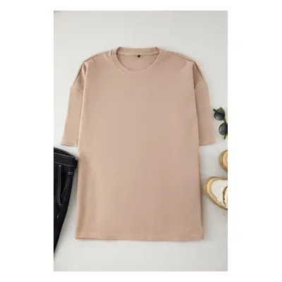 Trendyol Plus Size Camel Oversize/Wide Cut Crew Neck Basic Textured T-shirt