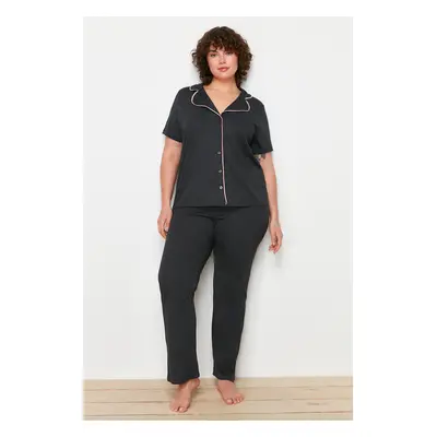 Trendyol Curve Anthracite Shirt Collar Ribbed Knitted Pajamas Set