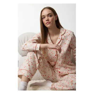 Trendyol Ecru 100% Cotton Floral Knitted Pajama Set