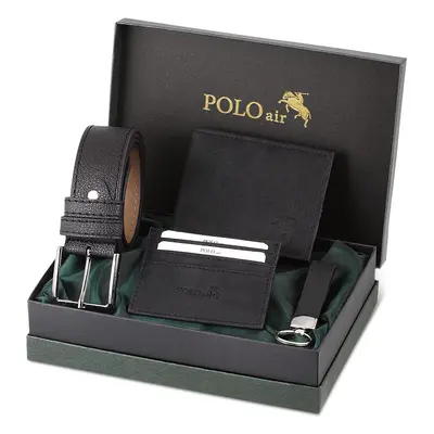 Polo Air Belt, Wallet, Card Holder, Keychain, Black Set in a Gift Box