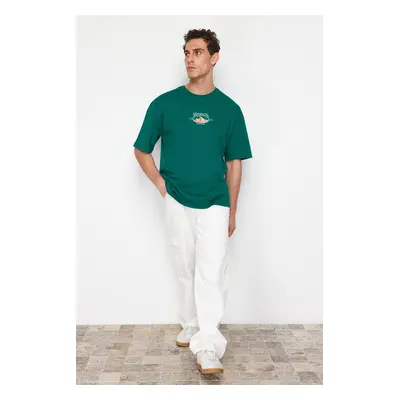 Trendyol Emerald Green Oversize/Wide Cut Landscape Embroidered 100% Cotton T-Shirt