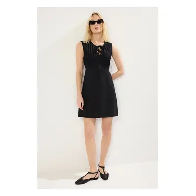 Trendyol Black Straight Cut Bow Collar Detail Ribbed Mini Woven Dress