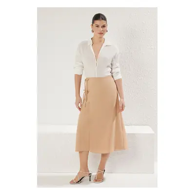 Trendyol Camel Side Lace Detail Linen Look Maxi Skirt