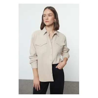 Trendyol Beige Cashmere Oversize Wide Pattern Woven Shirt