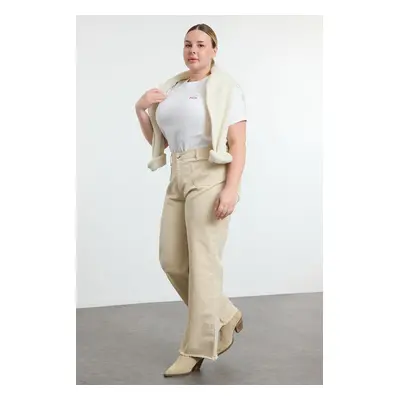 Trendyol Curve Ecru More Sustainable Pocket Detailed Iron-On High Waist Wide Leg Plus Size Jeans