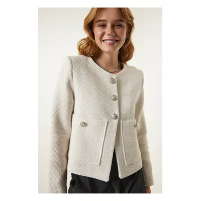 Happiness İstanbul Women's Cream Wide Pocket Elegant Woven Jacket