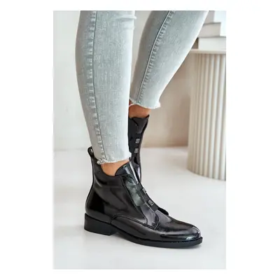 Patent leather ankle boots with zipper insulated flat heel S.Barski black