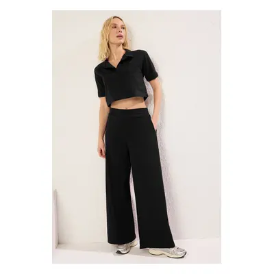 Trendyol Black Crop Polo Neck Thin Knitted Bottom-Top Set