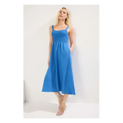 Trendyol Blue Plain Skirt Opening at Waist Gipel Midi Woven Dress