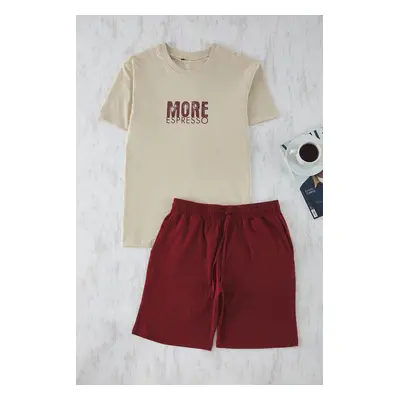 Trendyol Beige - Claret Red Regular Fit Printed Knitted Shorts Pajama Set