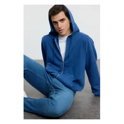 Trendyol Indigo Oversize/Wide Cut Hooded Vintage/Faded Effect Basic Zipper Cardigan/Sweatshirt