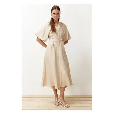 Trendyol Stone Belted Half Balloon Sleeve Linen Look Woven Shirt Dress