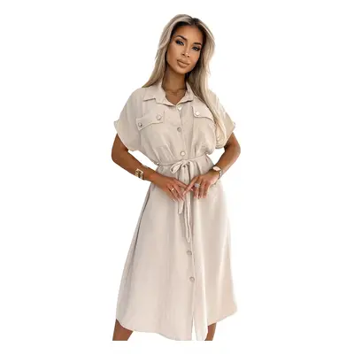 Women's midi shirt dress with gold buttons, ties and short sleeves Numoco