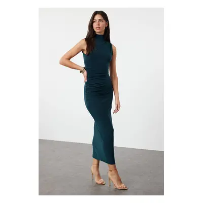 Trendyol Emerald Green Straight Sleeve Draped Bodycone/Fitting Flexible Knitted Dress