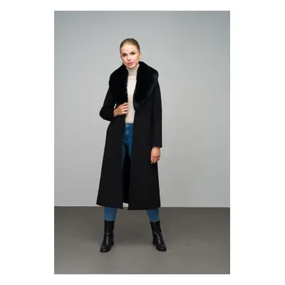 Olcay Detachable Fur Collar Snap Closure Mid-Length Coat BLACK