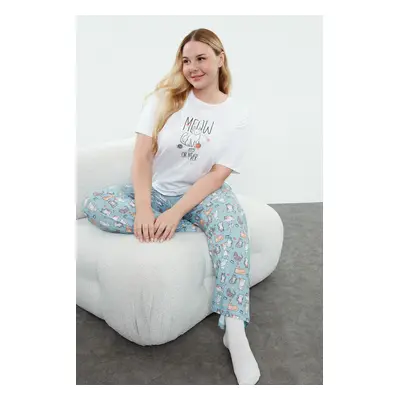 Trendyol Curve Blue Cat Patterned Knitted Pajama Set