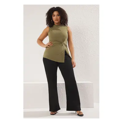 Trendyol Curve Green Modal Fabric with Gathering Detail Sleeveless Knitted Plus Size Blouse