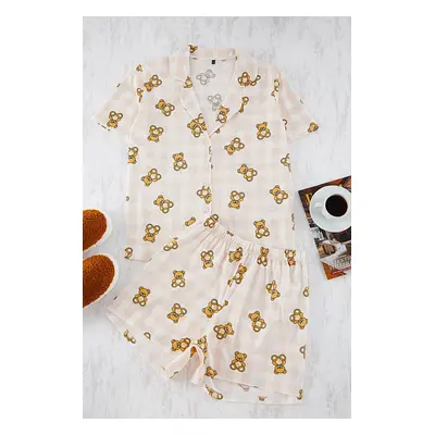 Trendyol Curve Beige Teddy Bear Patterned Shirt Collar Knitted Pajama Set