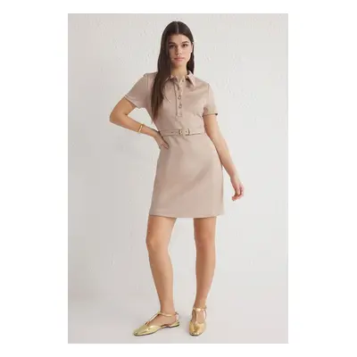 Trendyol Stone Belted A-Line Suede Mini Woven Dress