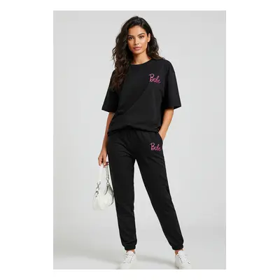 Trendyol Black Slogan Printed Knitted T-shirt Trousers Top-Bottom Set