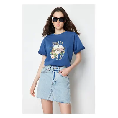 Trendyol Indigo 100% Cotton Printed and Faded Effect Boyfriend Knitted T-Shirt