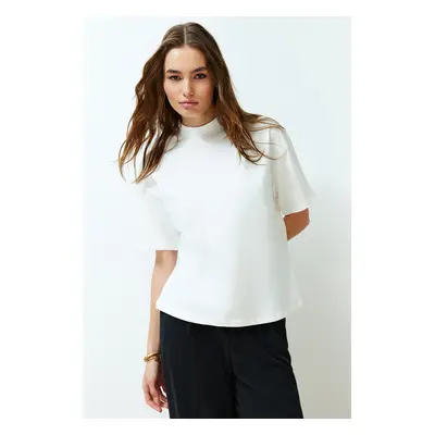 Trendyol White 100% Cotton Stand Collar Three Quarter Sleeve Knitted T-Shirt