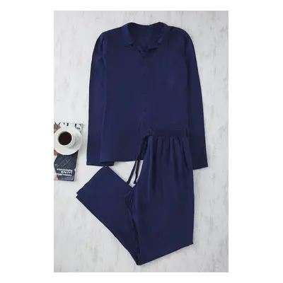 Trendyol Navy Blue More Sustainable Fine Woven Pajama Set